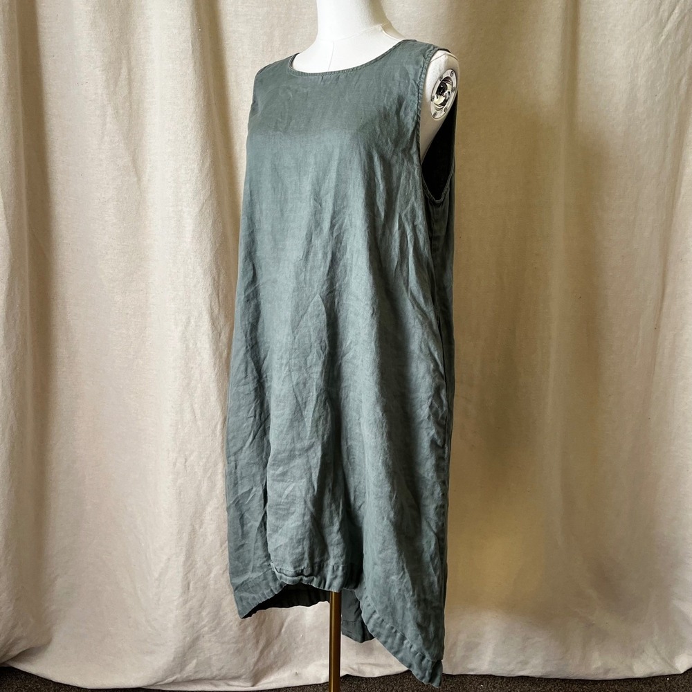 Amazhiu 100% Linen Sleeveless Midi Dress XL Pockets Asymmetrical Hem Green